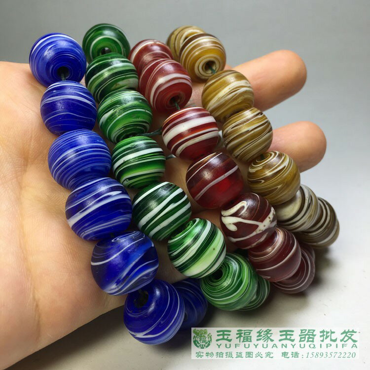 古玩舊貨仿古清代纏絲老琉璃桶珠串攪胎珠子手串手鏈DIY配珠收藏