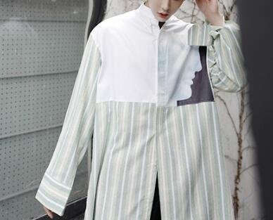 FINDSENSE Z1 韓國 時尚 潮 男 綠色條紋 拼色 黑白人臉 長袖襯衫 特色襯衫