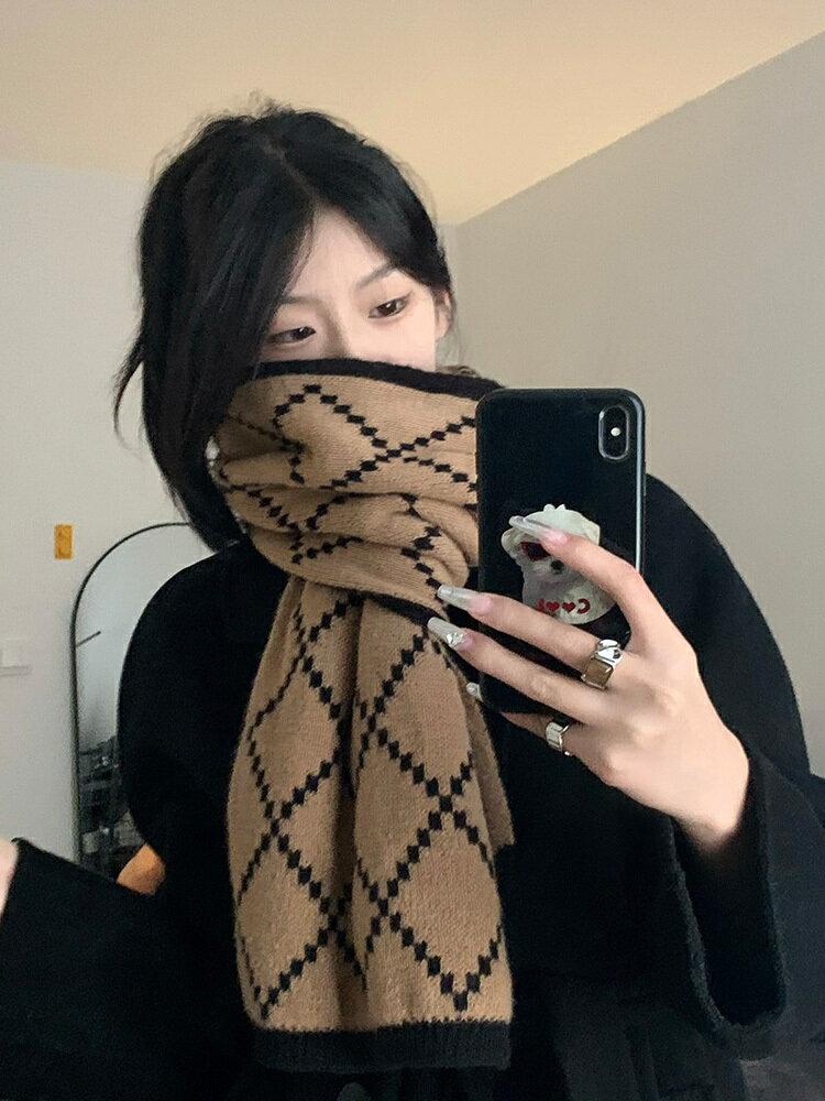 圍巾女2024新款冬季韓系百搭高級氛圍感保暖披肩毛線針織格子圍脖【北歐居家生活】
