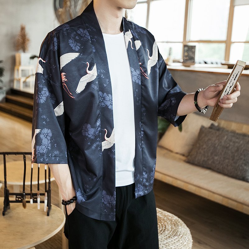 FINDSENSE H1 2018 夏季 新款 男 日本 復古仙鶴印花 高端 氣質 開衫 防曬衣 休閒 潮上衣 外套