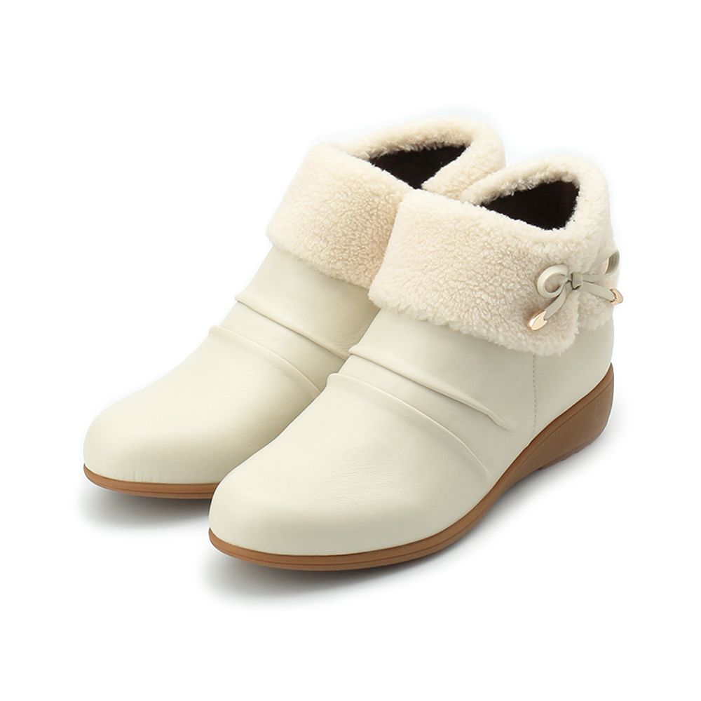 LUZZI 毛領蝴蝶結拉鍊短靴 米 女鞋