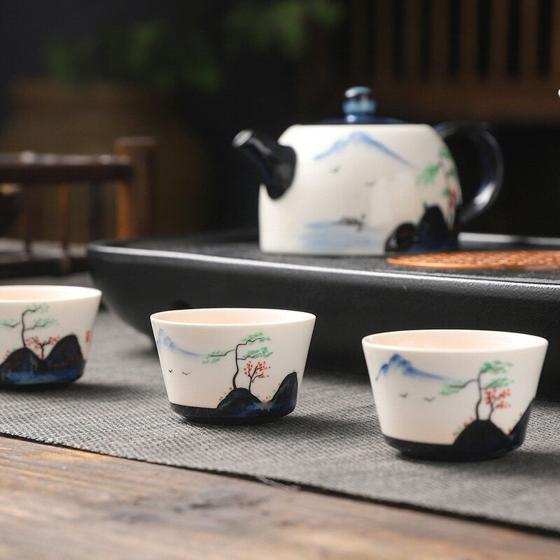手繪山水圖單個小茶杯 家用創意藍菲天目釉結合白瓷茶碗品茗杯