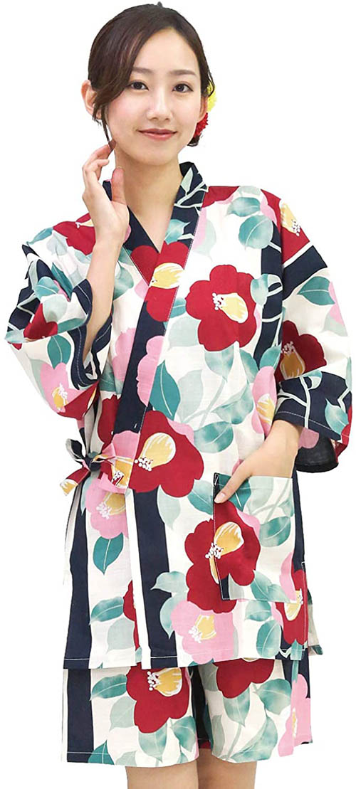 Nishiki【日本代購】和式清涼居家服 睡衣 上下套裝 棉100%-椿に縞