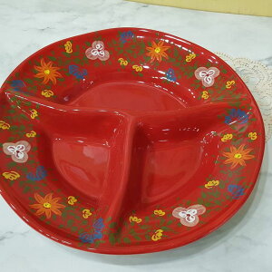 美國名品-富貴花園彩繪三格大紅陶盤