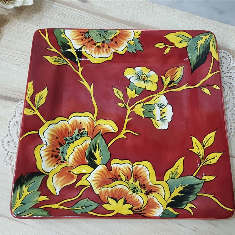 美國名品瓷器-山茶花彩繪方餐盤(大-紅) 2