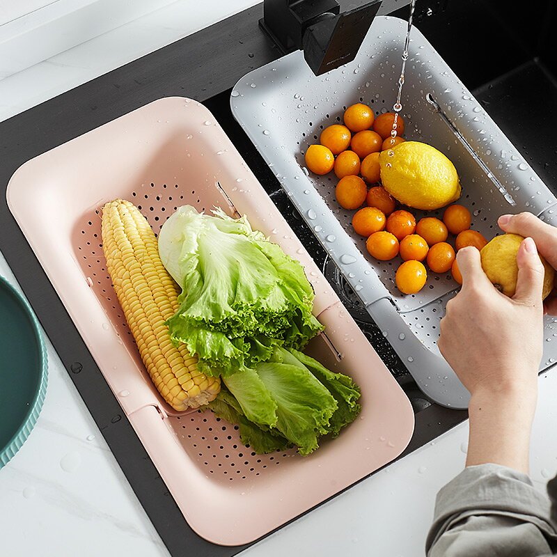 日式可伸縮洗菜籃水槽瀝水籃果蔬籃廚房塑料收納筐子洗碗池置物架
