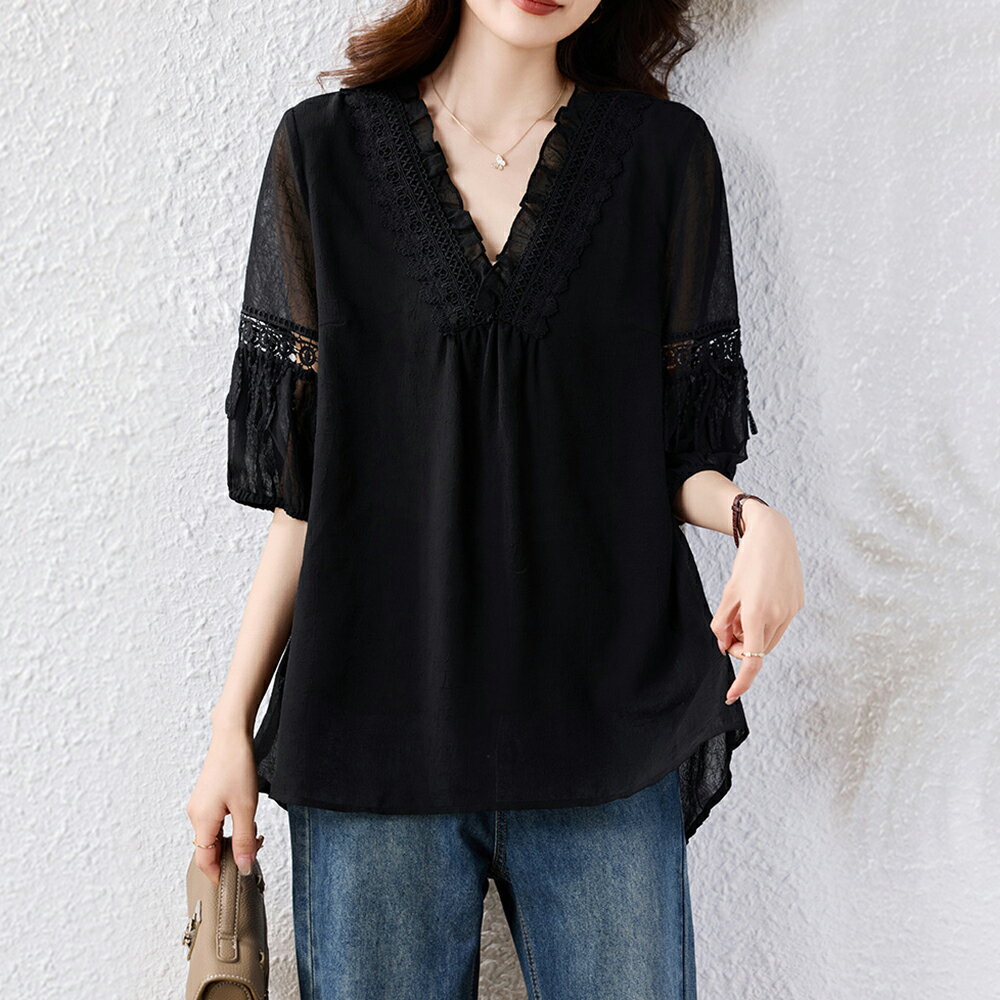 ＊ORead＊v領鏤空絲拼接上衣(黑色M~5XL)【限定加碼✿全館滿額再折】