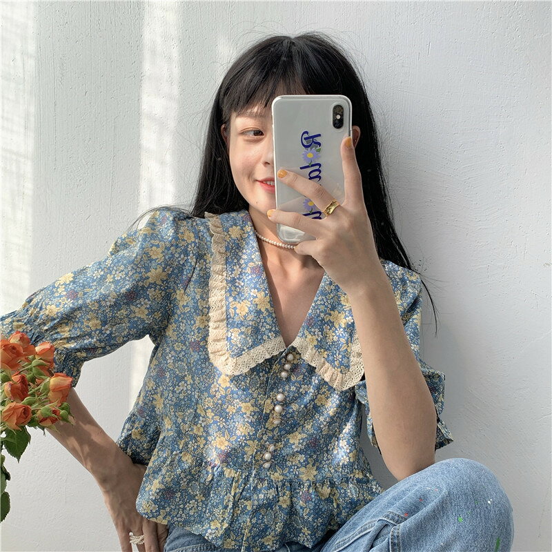 復古娃娃領碎花泡泡短袖襯衫女設計感小眾年夏季新款韓版上衣