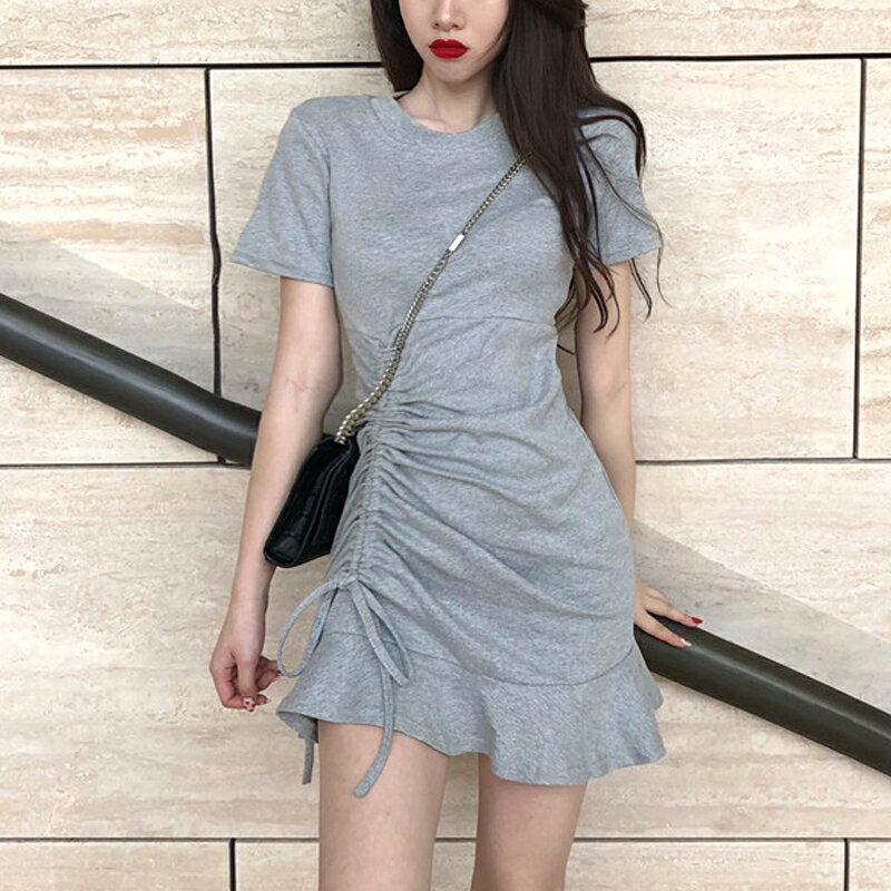 韓國休閑短袖連衣裙荷葉邊修身褶皺包臀短裙緊身抽繩性感女夏氣質