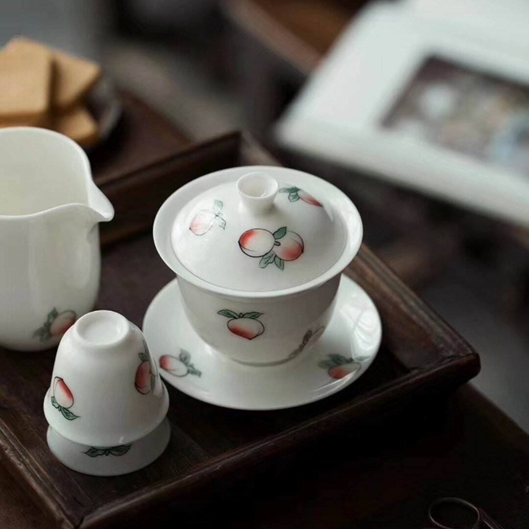 手繪壽桃中號蓋碗白瓷陶瓷家用功夫茶具茶杯壺承敬茶碗三才蓋碗
