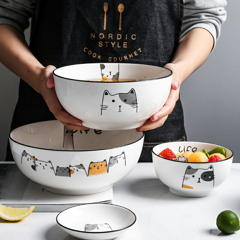 可愛貓咪陶瓷碗家用卡通餐具陶瓷碗盤器皿陶瓷小碗湯碗日式麵碗湯勺貓咪飯碗小方碗泡麵碗陶瓷大碗