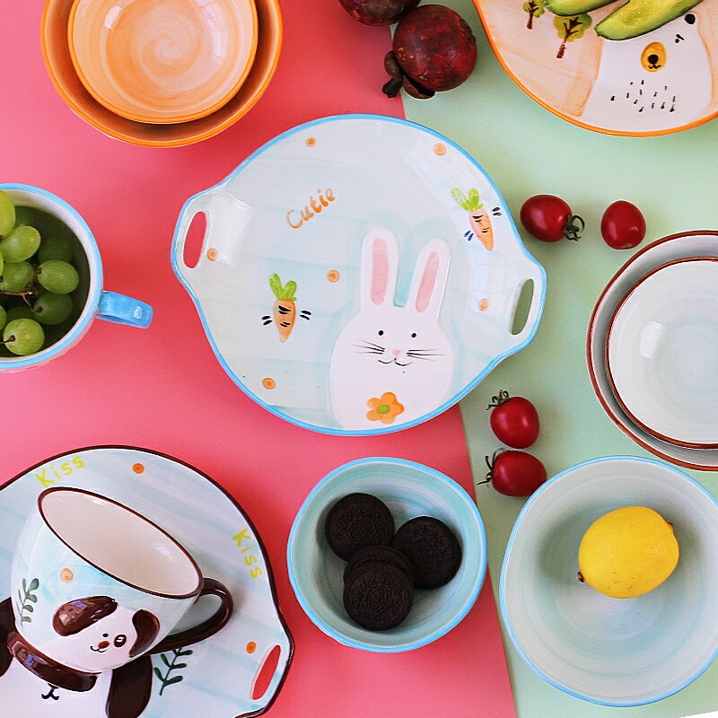 釉下彩手繪創意兒童陶瓷餐具套裝可愛童趣卡通盤碗可微波四件套