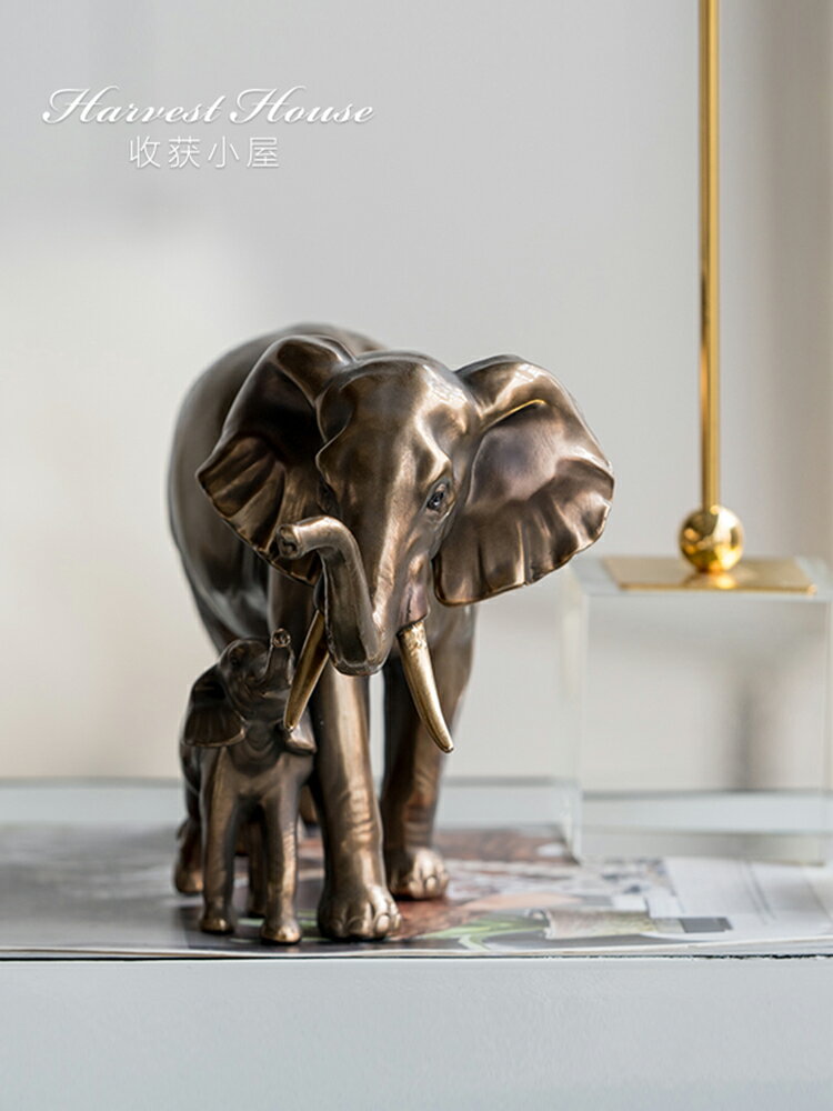 收獲小屋歐式復古銅金色大象家居飾品玄關樣品房書房軟裝設計擺件
