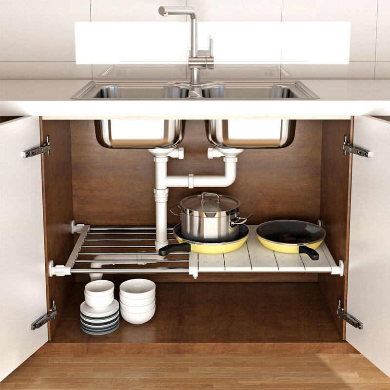 免運 廚房可伸縮下水槽置物架櫥柜分層架儲物架層架多功能鍋架收納架子-快速出貨