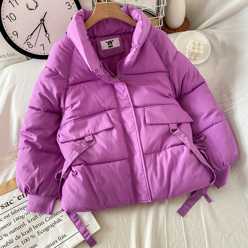 紫色棉服女新款冬季短款麵包服外套加厚秋冬棉衣小個子棉襖