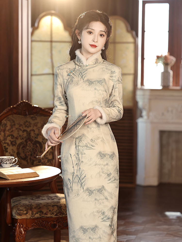 旗袍新款2023秋冬季長袖加厚復古高貴氣質女新中式國風水墨畫-創美