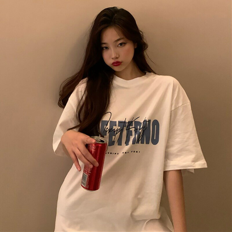 FUXI 短袖t恤女 短袖上衣 寬鬆白色t恤 韓版復古印花上衣 中長款上衣 打底衫 圓領上衣 女裝 衣服【A6641】