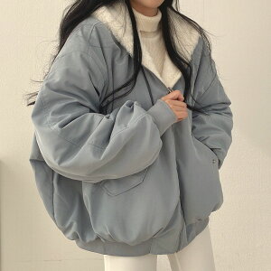 免運速發 可開發票 韓國加絨加厚兩面穿羊羔毛棉服女裝外套冬季新款拉鏈連帽棉衣上衣