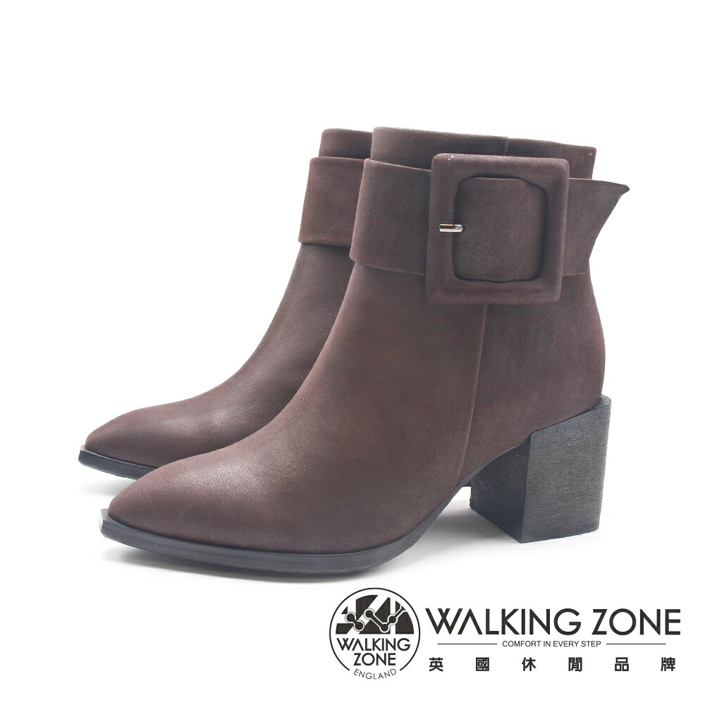 WALKING ZONE(女)牛皮尖頭粗底高跟短靴 女靴-咖啡