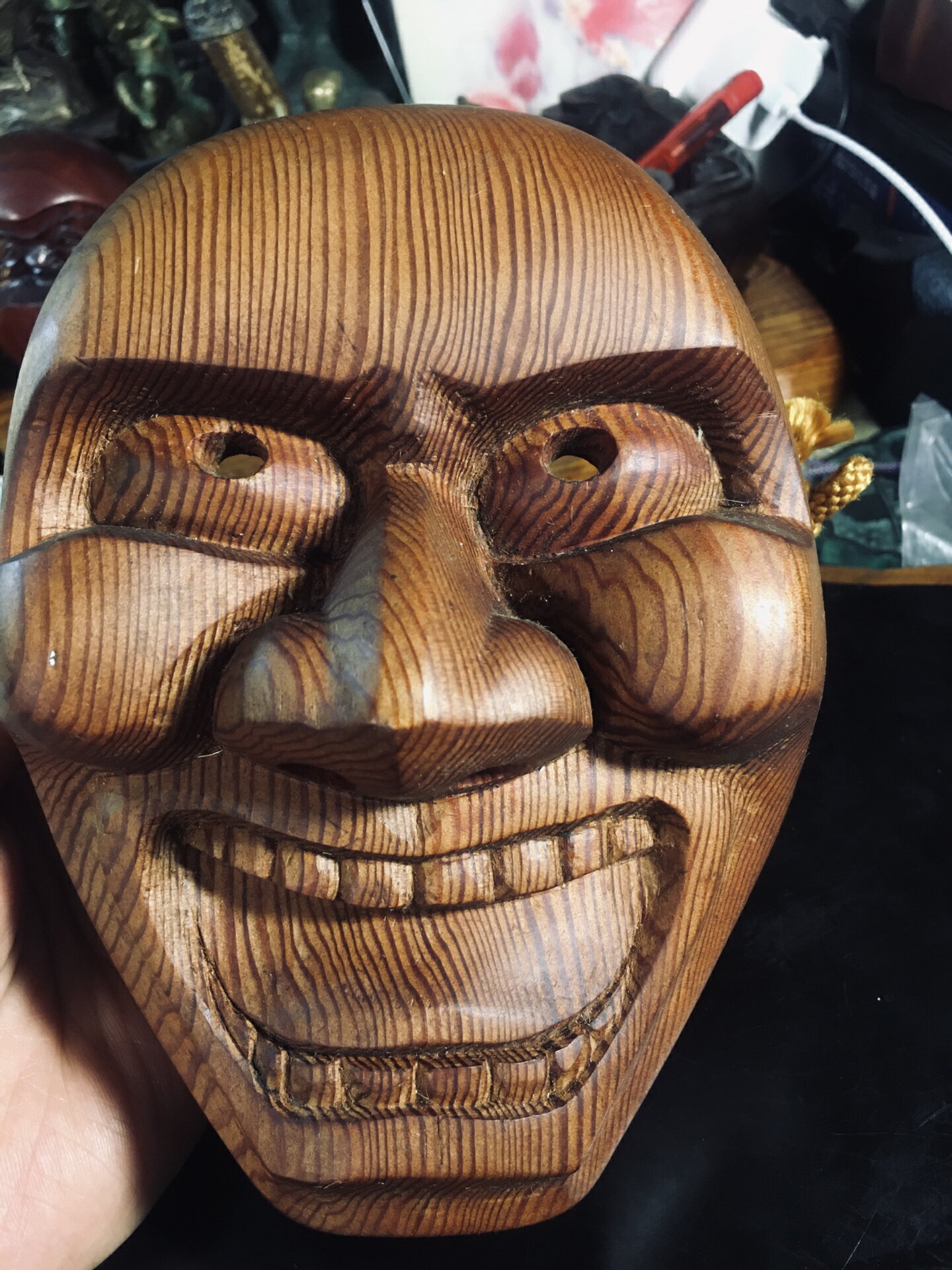 日本迴流木雕擺飾，一木雕屋久杉面具，紋理漂亮，名家款面具，品