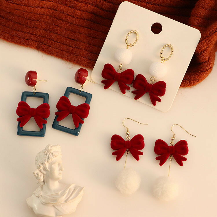 適合過年的耳環紅色絲絨蝴蝶結耳夾女無耳洞小眾設計感耳飾圣誕節