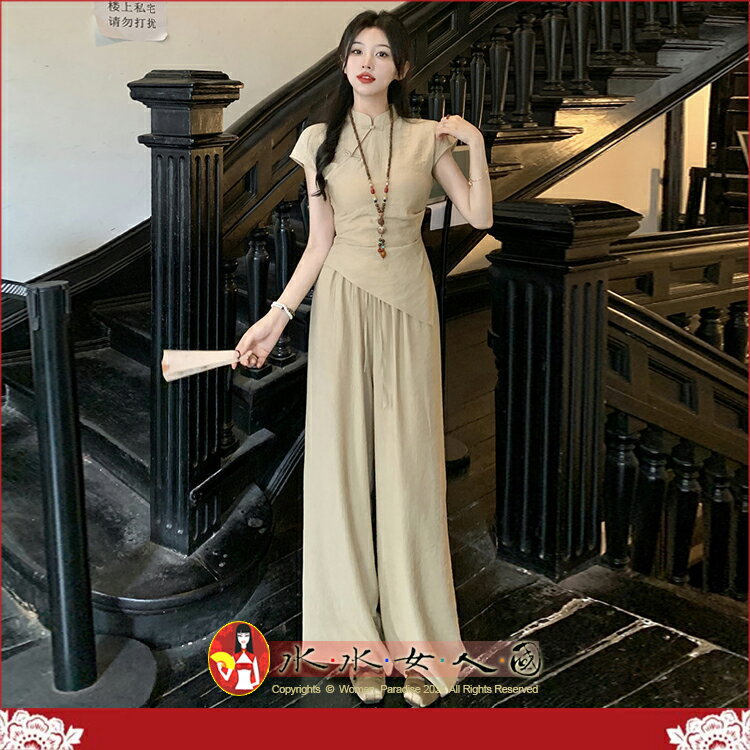 復古原創中式女唐裝兩件式套裝優雅中國風純色休閒日常百搭短袖斜擺上衣+溫柔氣質長褲-遠香-水水女人國