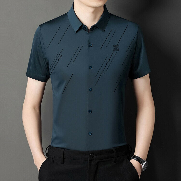【喜挖】夏季短袖新款男士無痕襯衣潮免燙抗皺中青年商務純色薄款襯衫男裝 0