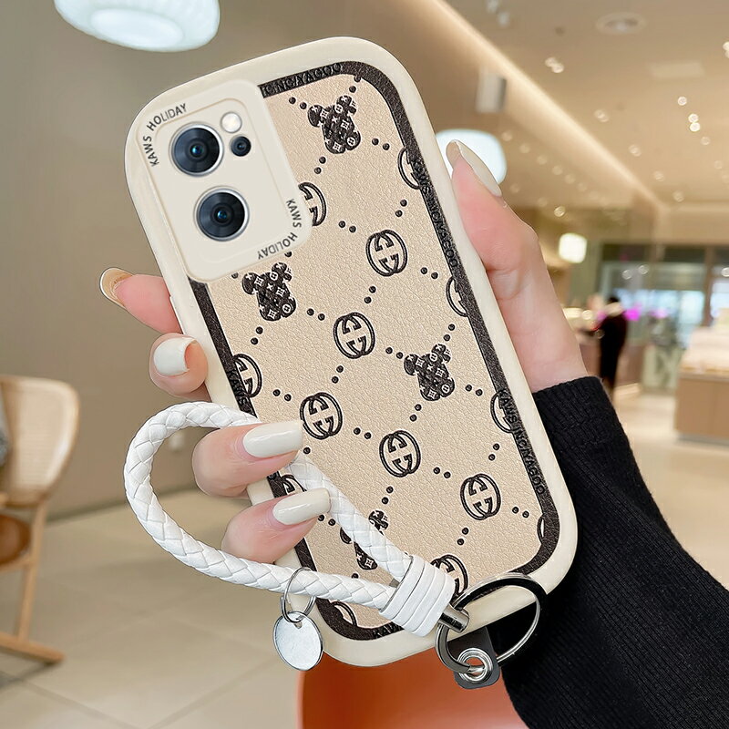 潮牌熊小羊皮情侶適用opporeno7手機殼女款網紅卡通reno6pro新款reno5性創意矽膠防摔4por皮質小羊皮帶掛繩