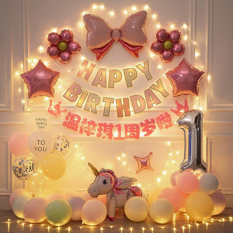女孩一週歲女寶寶生日氣球裝飾用品兒童派對背景牆場景佈置小公主