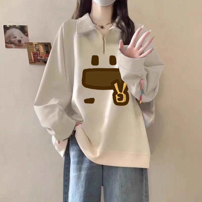 美式大碼顯瘦衛衣慵懶polo領秋冬遮肚寬松半拉鏈加絨外套上衣服-享樂