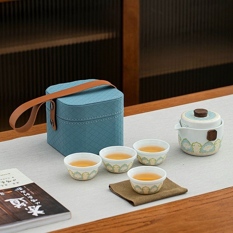 旅行茶具 國風堆花戶外旅行茶具小套裝便攜式快客杯簡易車載泡茶杯功夫茶具