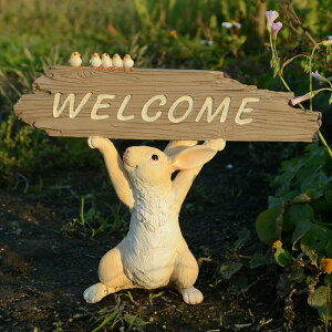 創意可愛小兔子擺件花園樹脂動物家居裝飾品辦公室盆景歡迎光臨牌
