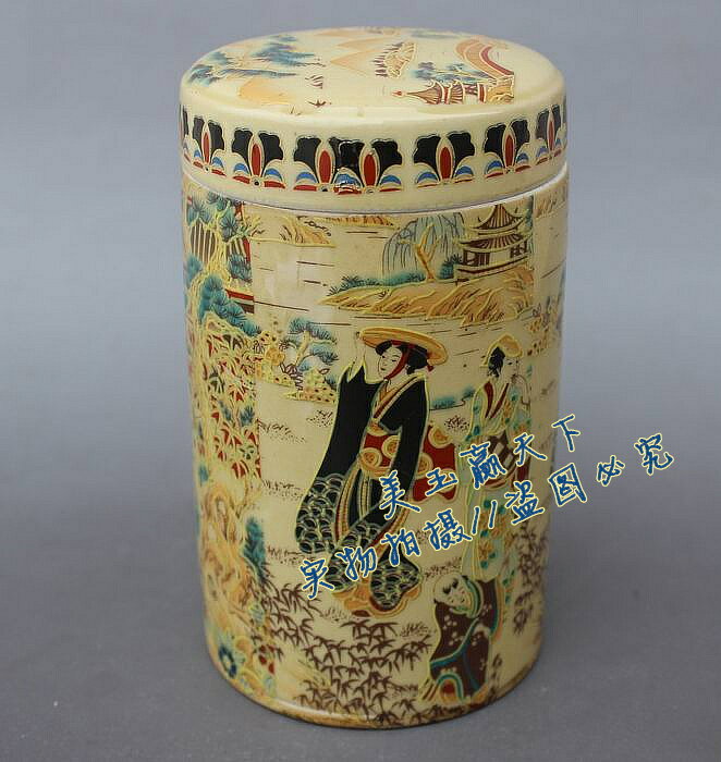 古玩收藏陶瓷器 侍女茶葉罐 古代仕女圖密封罐古典家飾博古架擺件