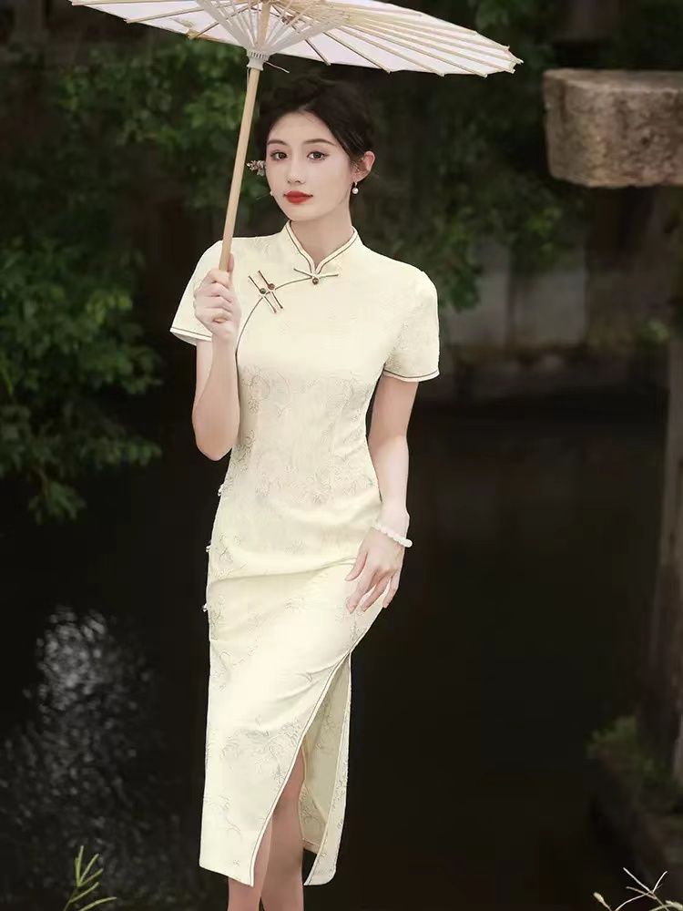 【3216人收藏】復合蕾絲米白色長款氣質旗袍顯瘦年輕少女款連衣裙復古民國風禮服-享樂