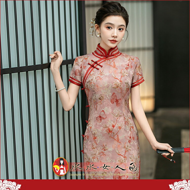 中國風復古長旗袍氣質優雅年輕少女顯瘦春夏新款洋裝老上海大碼長款日常宴會派對走秀必備連身裙-四季(紅色)-水水女人國