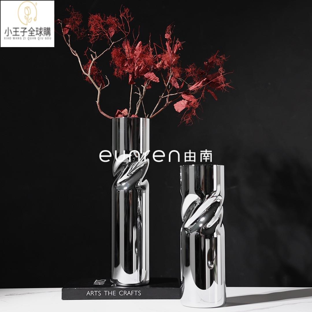 【公司現貨速發】免運 開發票 家飾 擺件 花器現代簡約圓柱電鍍玻璃花瓶花器擺件樣板房售樓處軟裝飾品擺設 日式家飾