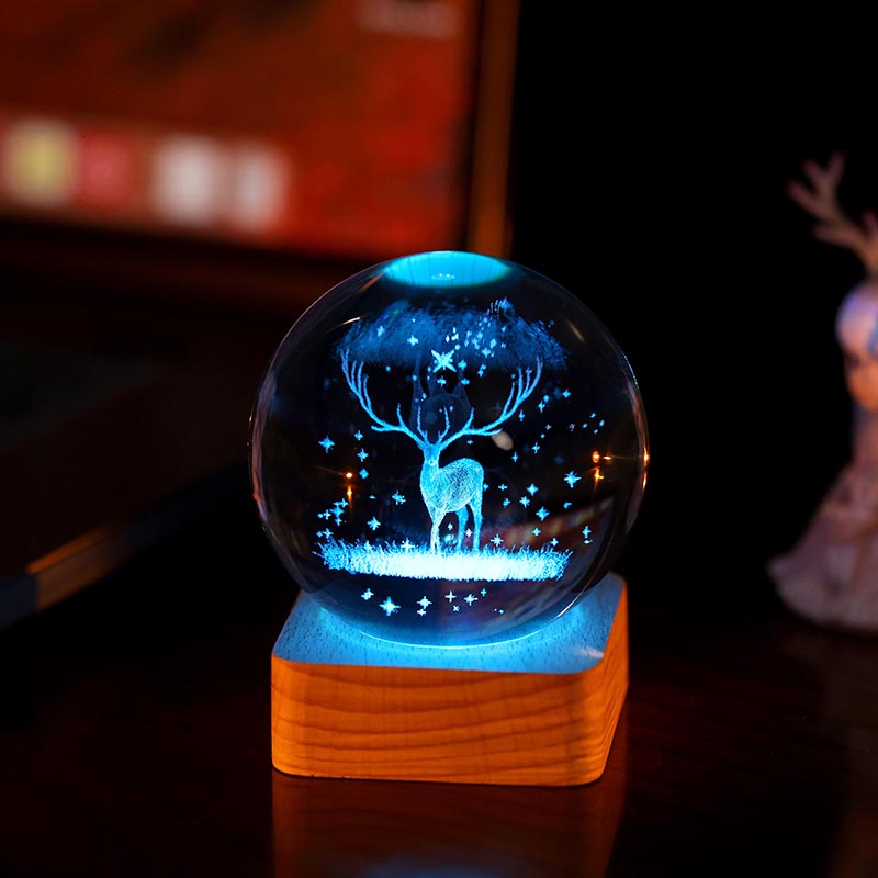 生日禮物發光水晶球麋鹿3D內雕臥室擺件治愈系女生男友兒童圣誕節