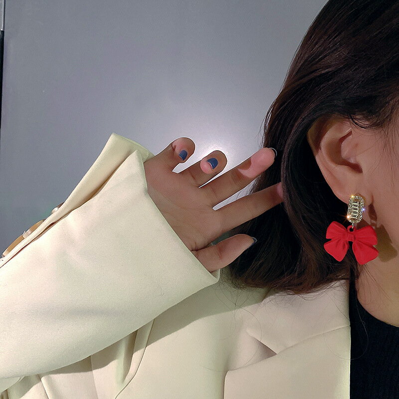 925銀針時尚潮流蝴蝶結耳環韓國東大門氣質耳釘新年可愛紅色耳飾