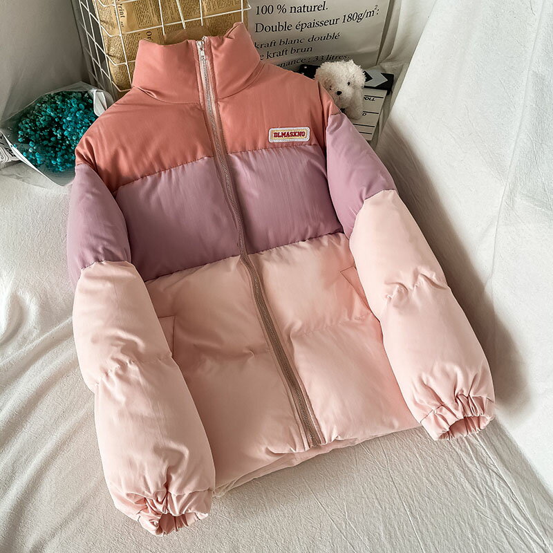 撞色寬松棉衣外套新款冬季韓系麵包服加厚棉服oversize女潮
