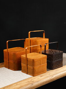 竹編日式帶蓋仿古食盒 中式多層提籃便攜收納筐 結婚籃子月餅禮盒