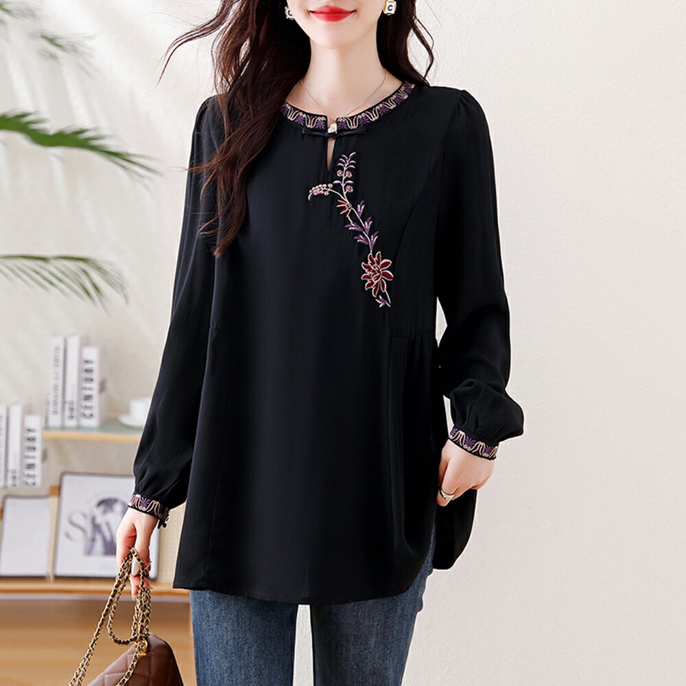 ＊ORead＊刺繡圓領正肩t恤小衫(黑色L~5XL)【限定加碼✿全館滿額再折】