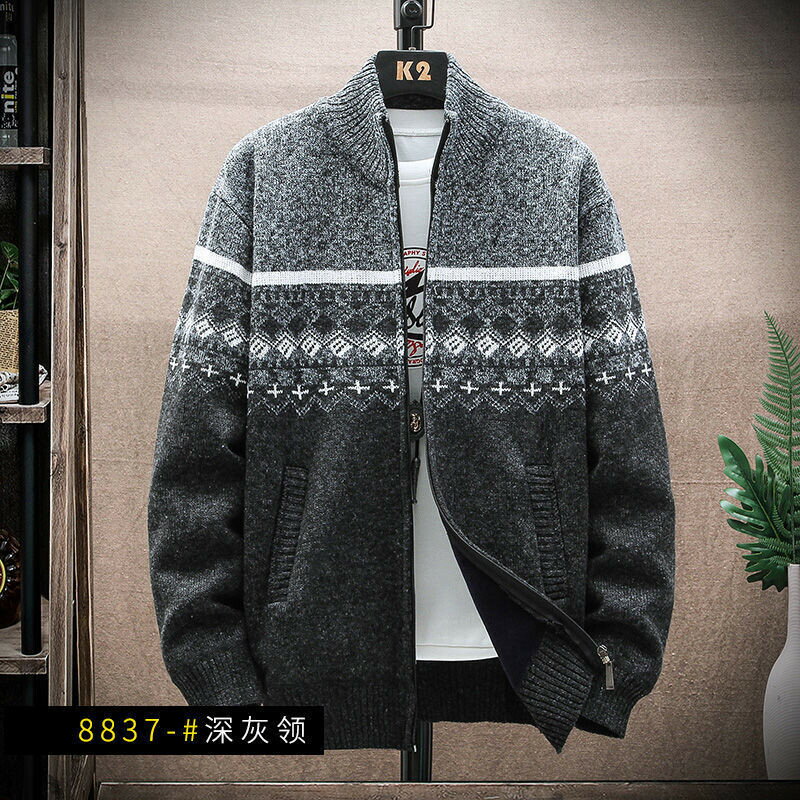 【冬季新品】秋冬男士外套 加厚毛衣外套 針織開衫男士開衫加絨加厚保暖外套時尚立領印花上衣秋冬季休閒百搭針織衫