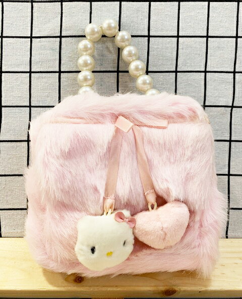 【震撼精品百貨】Hello Kitty 凱蒂貓 日本SANRIO三麗鷗毛毛珠珠手提袋-粉底緞面甜點*01042 震撼日式精品百貨