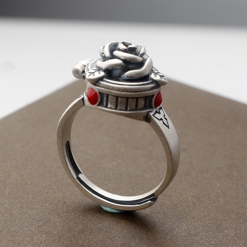 可打開戒指鍍S925復古泰銀飾品小眾個性民族玫瑰花嘎烏盒開口指環