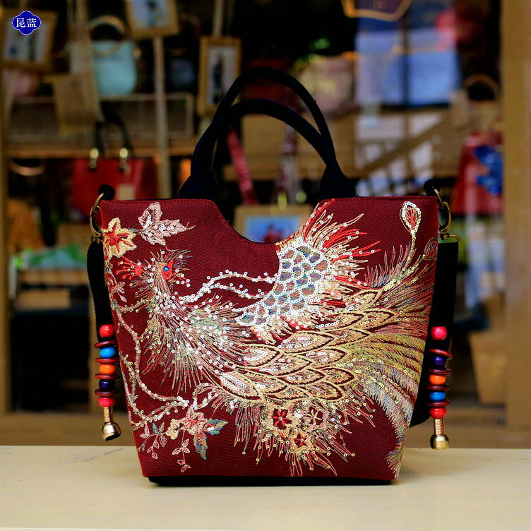 新款民族風繡花女士包包刺繡帆布亮片鳳凰手提斜挎包兩用包包