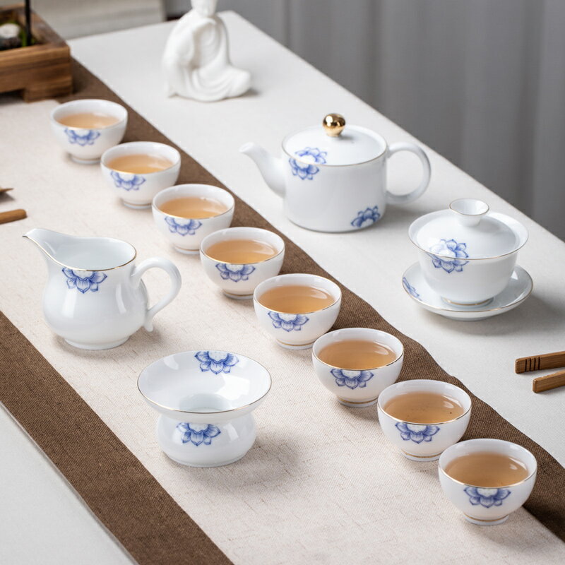 茶具套裝/功夫茶具 中式白瓷功夫茶具套裝家用青花瓷泡茶壺蓋碗茶杯整套薄胎描金【CM18300】