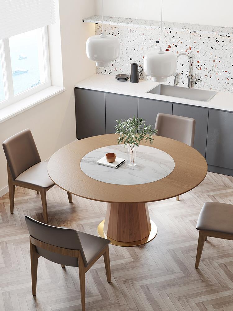 北歐風輕奢實木圓餐桌內嵌轉盤家用飯桌網紅實木帶靠背餐桌椅組合
