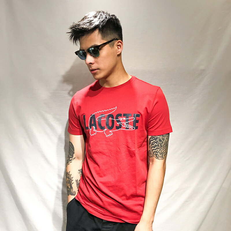 美國百分百【全新真品】Lacoste 鱷魚 T恤 T-SHIRT 短袖 短T 上衣 logo 紅色 S號 AZ09