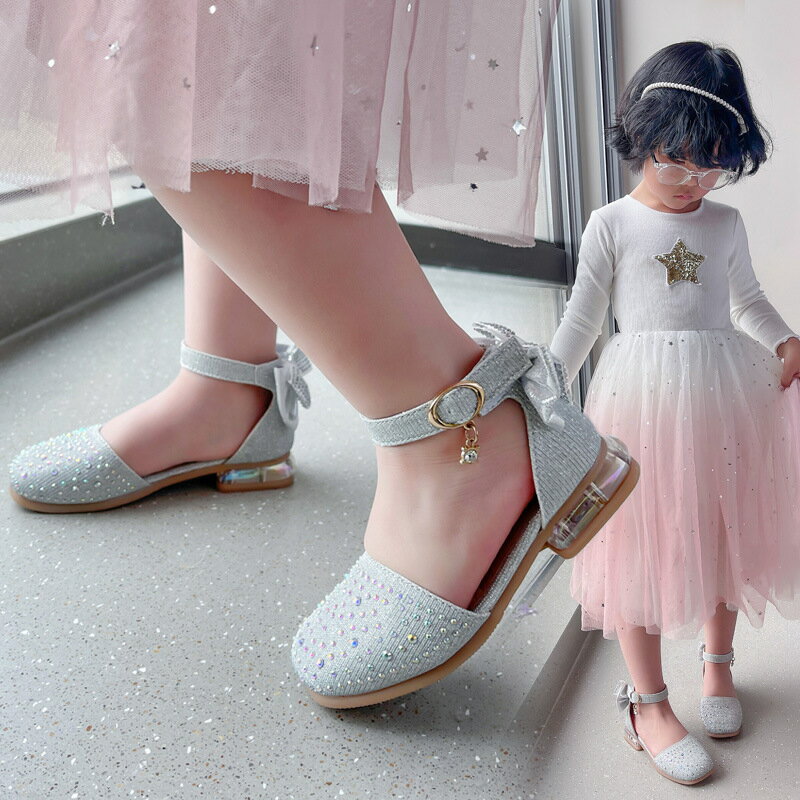 女童皮鞋2022夏季新款洋氣小女孩水鉆公主鞋軟底單鞋兒童半涼鞋韓
