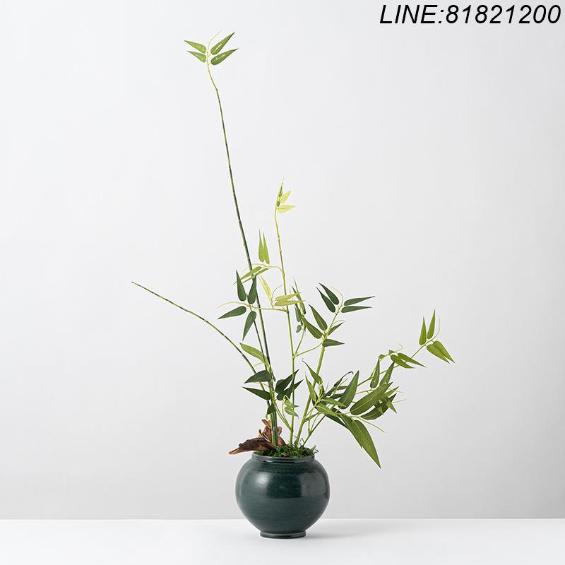 盆景 擺件 模擬綠植 公司裝飾 免運/開發票 侘寂風模擬綠植擺件中式日式禪意墨綠色盆景實木花瓶酒店裝飾花藝 快速出貨